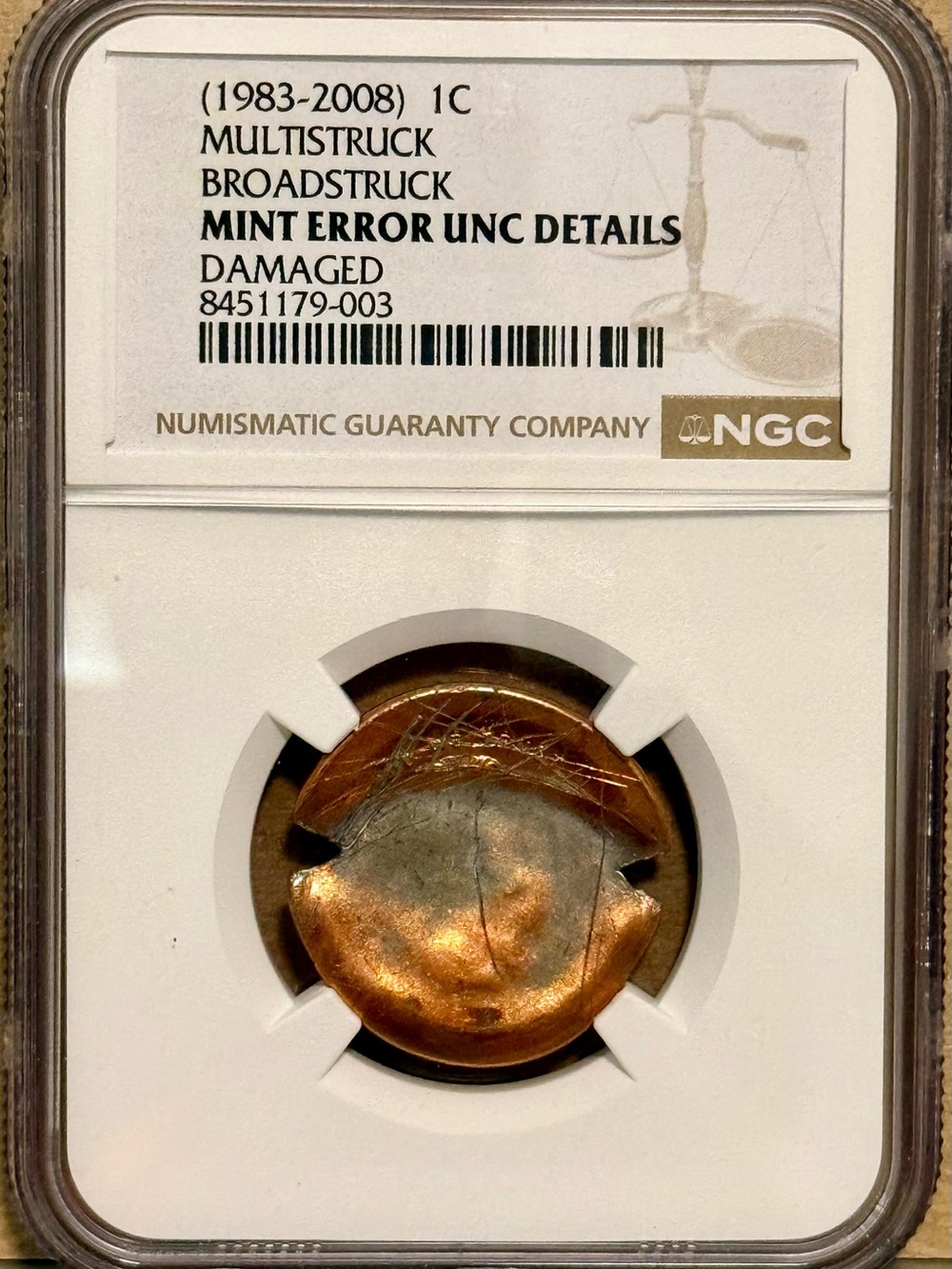 1983-2008 Lincoln Memorial Penny, MINT ERROR: Multistruck Broadstruck, NGC UNC